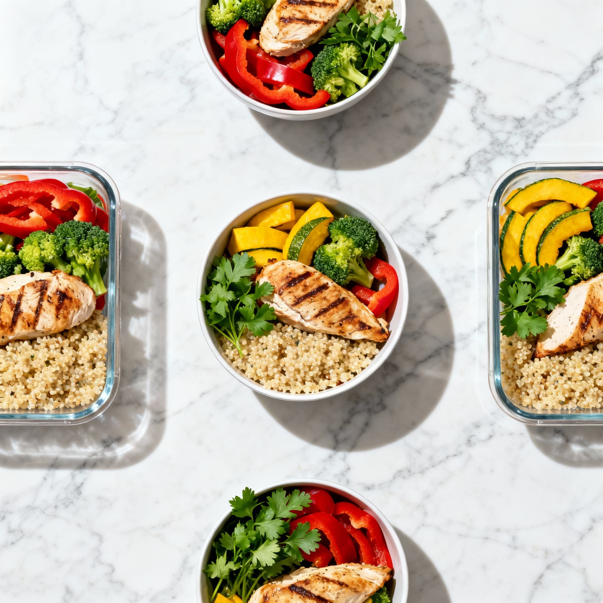 Healthy meal prep bowls with grilled chicken, quinoa, and fresh vegetables